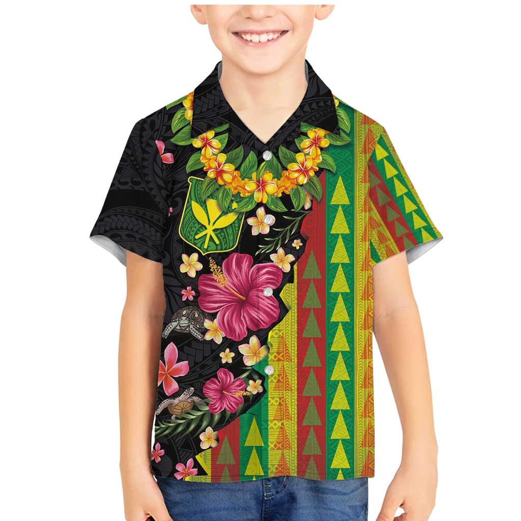 Hawaiian Independence Day Family Matching Mermaid Dress and Hawaiian Shirt Kanaka Maoli Symbols With Tapa Motifs and Tropical Plants LT03 Son's Shirt Black - Polynesian Pride