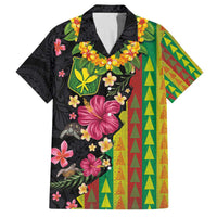 Hawaiian Independence Day Family Matching Off The Shoulder Long Sleeve Dress and Hawaiian Shirt Kanaka Maoli Symbols With Tapa Motifs and Tropical Plants LT03 Dad's Shirt - Short Sleeve Black - Polynesian Pride