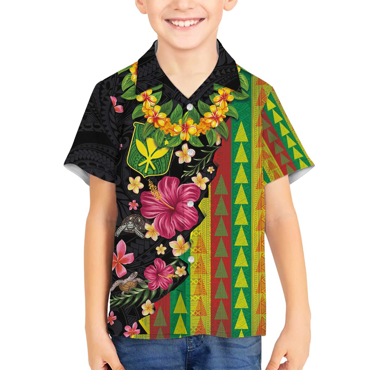 Hawaiian Independence Day Family Matching Off The Shoulder Long Sleeve Dress and Hawaiian Shirt Kanaka Maoli Symbols With Tapa Motifs and Tropical Plants LT03 Son's Shirt Black - Polynesian Pride