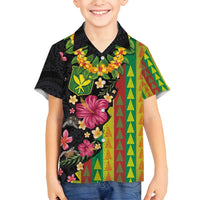 Hawaiian Independence Day Family Matching Off Shoulder Short Dress and Hawaiian Shirt Kanaka Maoli Symbols With Tapa Motifs and Tropical Plants LT03 Son's Shirt Black - Polynesian Pride