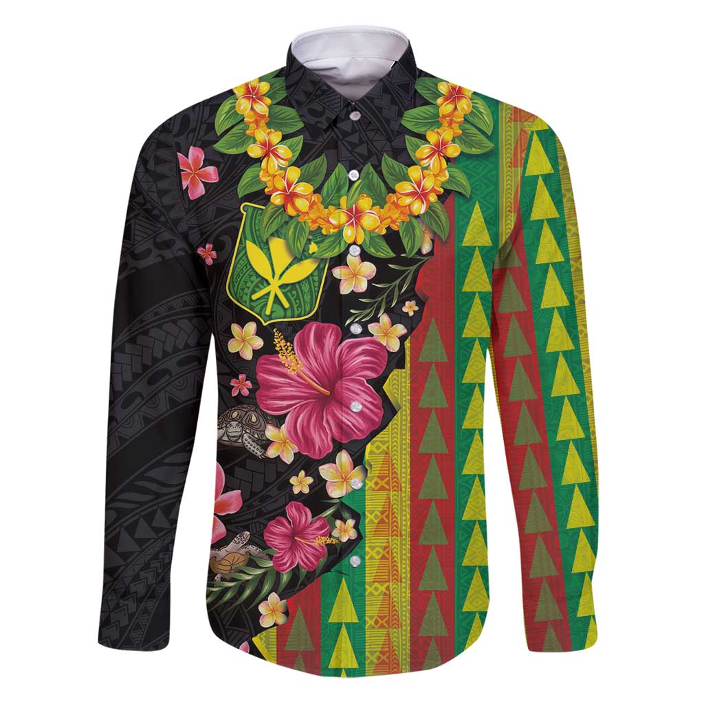 Hawaiian Independence Day Family Matching Puletasi and Hawaiian Shirt Kanaka Maoli Symbols With Tapa Motifs and Tropical Plants LT03 Dad's Shirt - Long Sleeve Black - Polynesian Pride