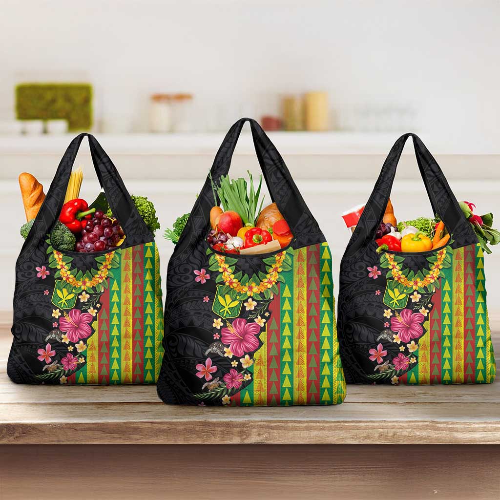 Hawaiian Independence Day Grocery Bag Kanaka Maoli Symbols With Tapa Motifs and Tropical Plants LT03 3-pack One Size Black - Polynesian Pride