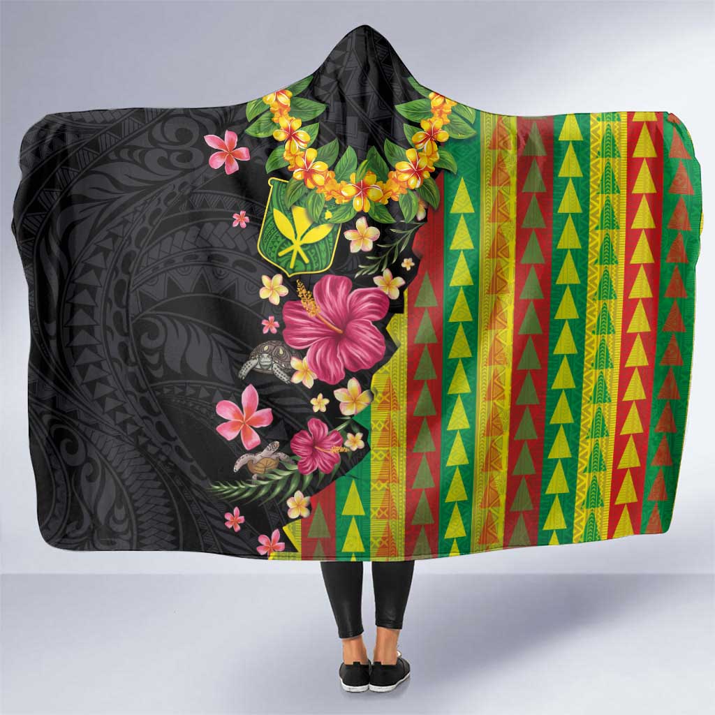 Hawaiian Independence Day Hooded Blanket Kanaka Maoli Symbols With Tapa Motifs and Tropical Plants LT03 One Size Black - Polynesian Pride