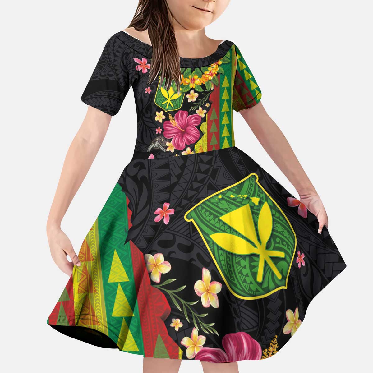 Hawaiian Independence Day Kid Short Sleeve Dress Kanaka Maoli Symbols With Tapa Motifs and Tropical Plants LT03 KID Black - Polynesian Pride
