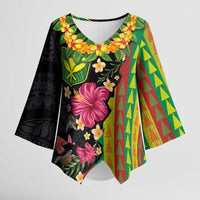 Hawaiian Independence Day Kimono Sleeve Blouse Kanaka Maoli Symbols With Tapa Motifs and Tropical Plants LT03 Female Black - Polynesian Pride