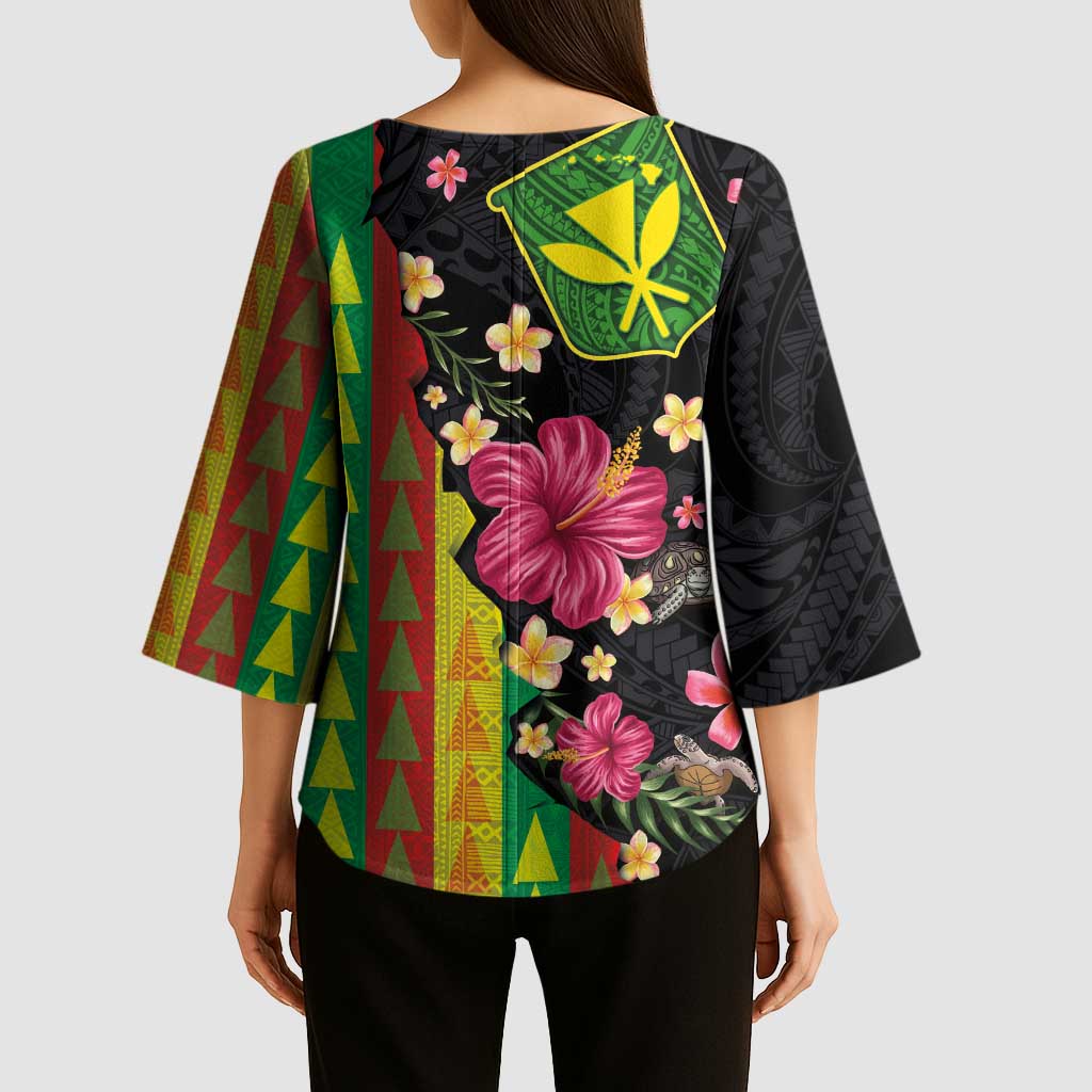 Hawaiian Independence Day Kimono Sleeve Blouse Kanaka Maoli Symbols With Tapa Motifs and Tropical Plants LT03 - Polynesian Pride