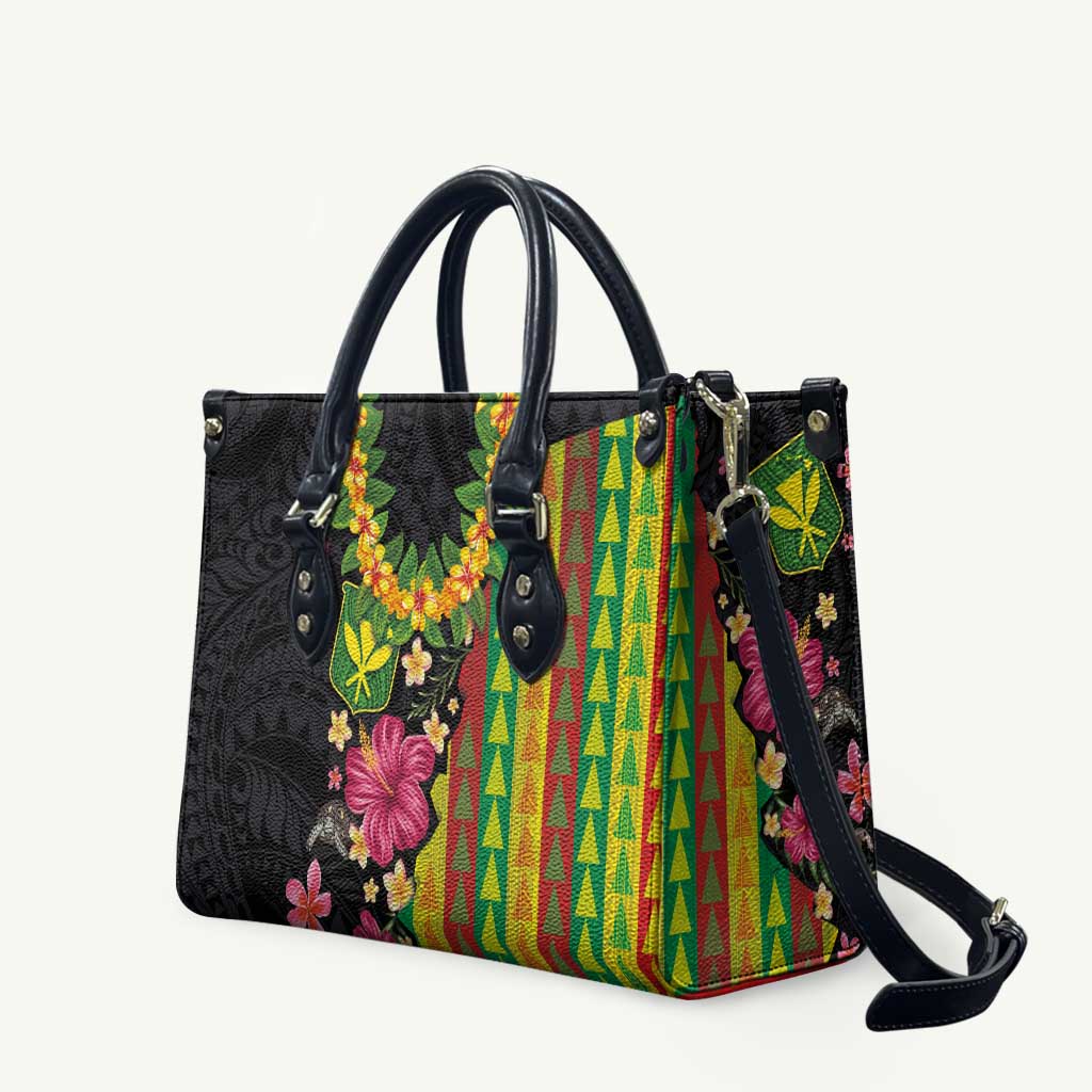 Hawaiian Independence Day Leather Bag Kanaka Maoli Symbols With Tapa Motifs and Tropical Plants LT03 Black - Polynesian Pride