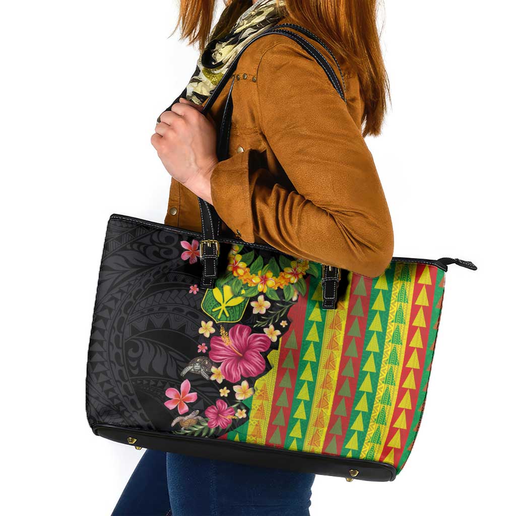 Hawaiian Independence Day Leather Tote Bag Kanaka Maoli Symbols With Tapa Motifs and Tropical Plants LT03 Black - Polynesian Pride