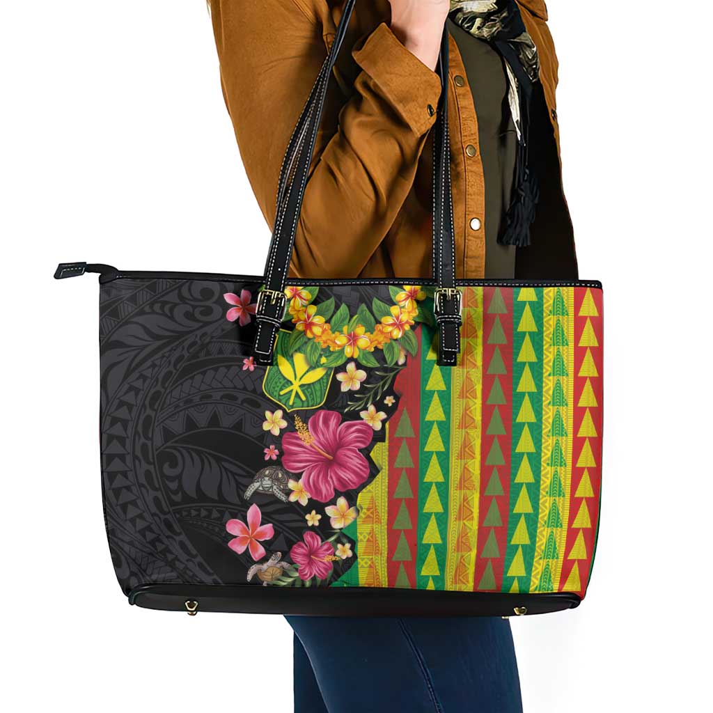 Hawaiian Independence Day Leather Tote Bag Kanaka Maoli Symbols With Tapa Motifs and Tropical Plants LT03 - Polynesian Pride