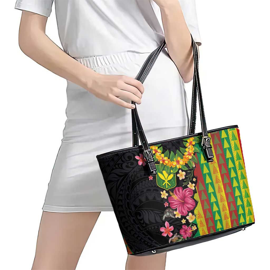 Hawaiian Independence Day Leather Tote Bag Kanaka Maoli Symbols With Tapa Motifs and Tropical Plants LT03 - Polynesian Pride