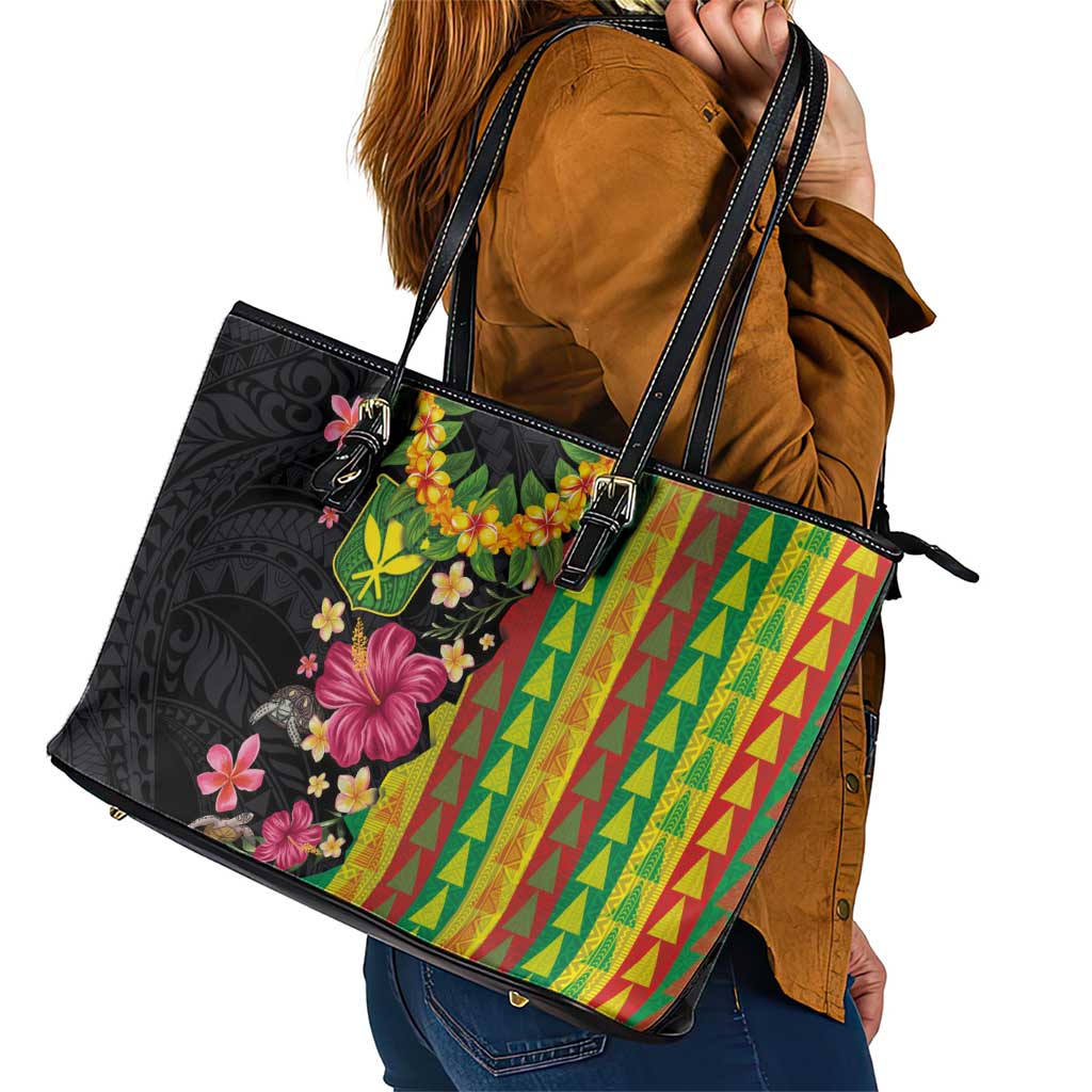 Hawaiian Independence Day Leather Tote Bag Kanaka Maoli Symbols With Tapa Motifs and Tropical Plants LT03 - Polynesian Pride