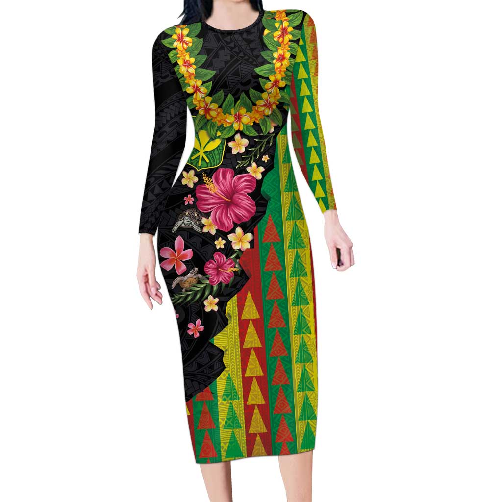 Hawaiian Independence Day Long Sleeve Bodycon Dress Kanaka Maoli Symbols With Tapa Motifs and Tropical Plants LT03 Long Dress Black - Polynesian Pride