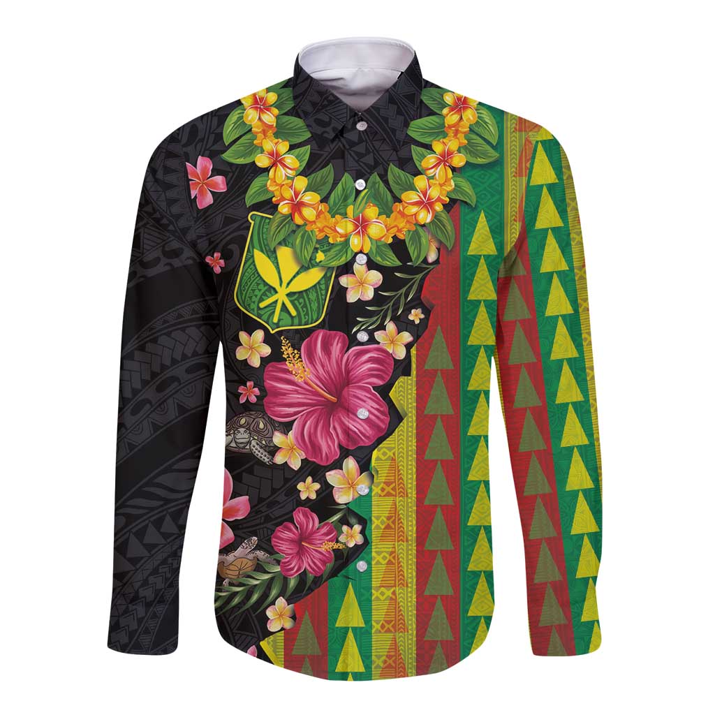 Hawaiian Independence Day Long Sleeve Button Shirt Kanaka Maoli Symbols With Tapa Motifs and Tropical Plants LT03 Unisex Black - Polynesian Pride