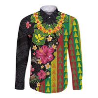 Hawaiian Independence Day Long Sleeve Button Shirt Kanaka Maoli Symbols With Tapa Motifs and Tropical Plants LT03 Unisex Black - Polynesian Pride
