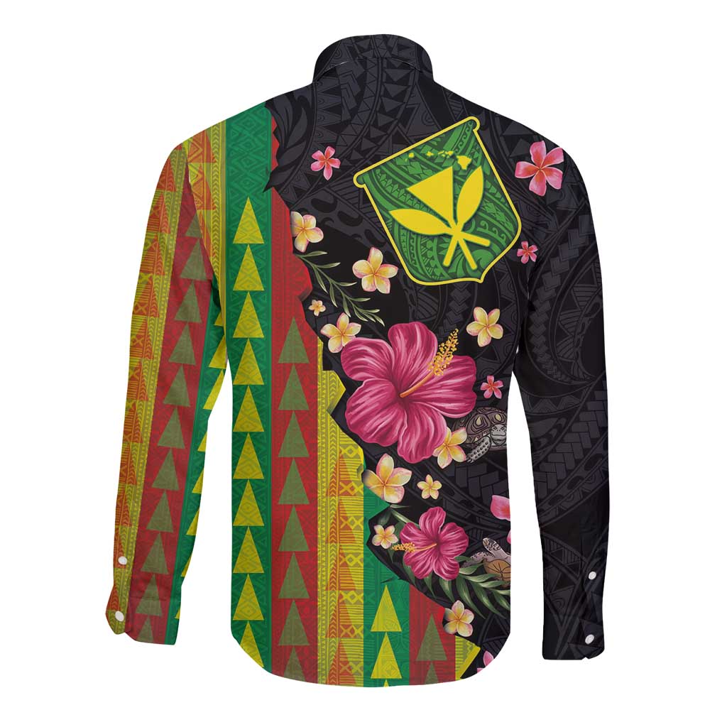Hawaiian Independence Day Long Sleeve Button Shirt Kanaka Maoli Symbols With Tapa Motifs and Tropical Plants LT03 - Polynesian Pride