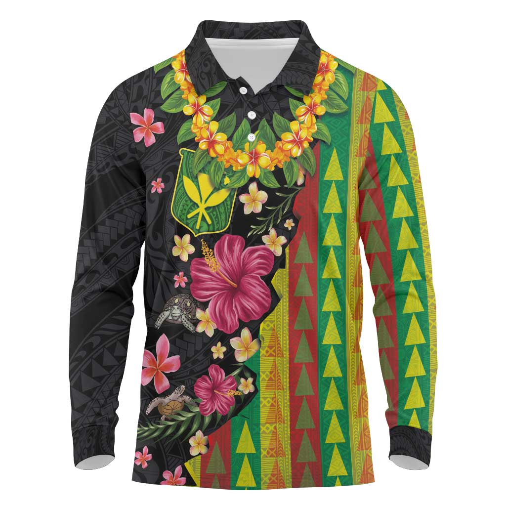 Hawaiian Independence Day Long Sleeve Polo Shirt Kanaka Maoli Symbols With Tapa Motifs and Tropical Plants LT03 Black - Polynesian Pride