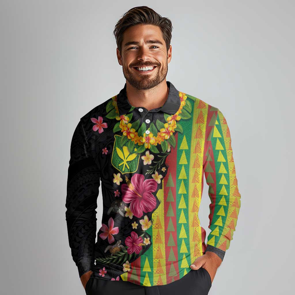 Hawaiian Independence Day Long Sleeve Polo Shirt Kanaka Maoli Symbols With Tapa Motifs and Tropical Plants LT03 - Polynesian Pride