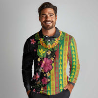 Hawaiian Independence Day Long Sleeve Polo Shirt Kanaka Maoli Symbols With Tapa Motifs and Tropical Plants LT03 - Polynesian Pride