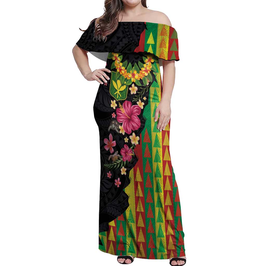 Hawaiian Independence Day Off Shoulder Maxi Dress Kanaka Maoli Symbols With Tapa Motifs and Tropical Plants LT03 Women Black - Polynesian Pride