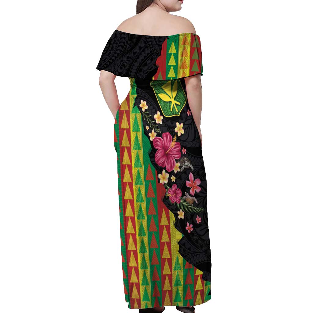 Hawaiian Independence Day Off Shoulder Maxi Dress Kanaka Maoli Symbols With Tapa Motifs and Tropical Plants LT03 - Polynesian Pride