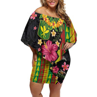 Hawaiian Independence Day Off Shoulder Short Dress Kanaka Maoli Symbols With Tapa Motifs and Tropical Plants LT03 Women Black - Polynesian Pride