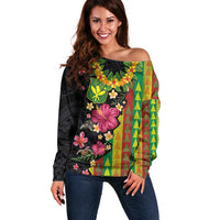 Hawaiian Independence Day Off Shoulder Sweater Kanaka Maoli Symbols With Tapa Motifs and Tropical Plants LT03 Women Black - Polynesian Pride