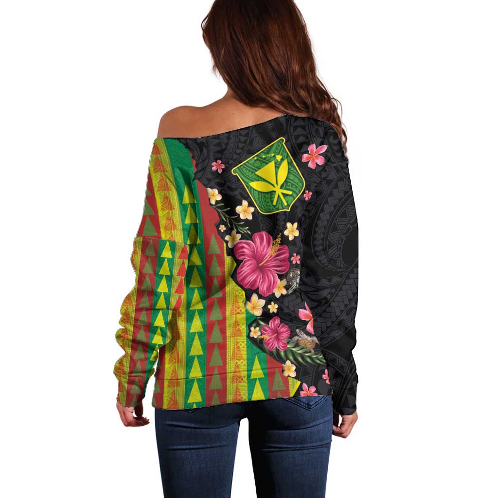 Hawaiian Independence Day Off Shoulder Sweater Kanaka Maoli Symbols With Tapa Motifs and Tropical Plants LT03 - Polynesian Pride