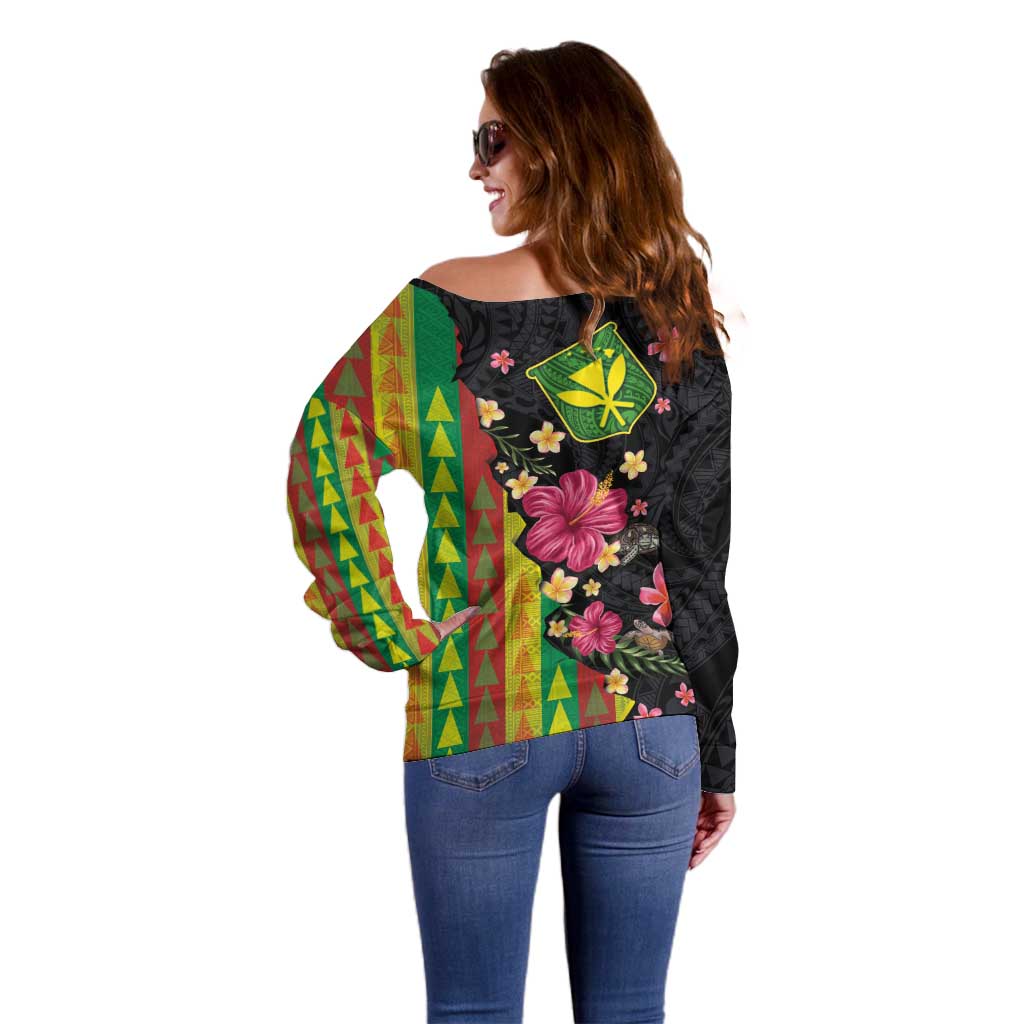 Hawaiian Independence Day Off Shoulder Sweater Kanaka Maoli Symbols With Tapa Motifs and Tropical Plants LT03 - Polynesian Pride