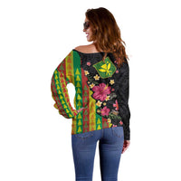 Hawaiian Independence Day Off Shoulder Sweater Kanaka Maoli Symbols With Tapa Motifs and Tropical Plants LT03 - Polynesian Pride