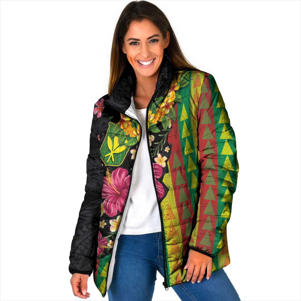 Hawaiian Independence Day Padded Jacket Kanaka Maoli Symbols With Tapa Motifs and Tropical Plants LT03 Women Black - Polynesian Pride