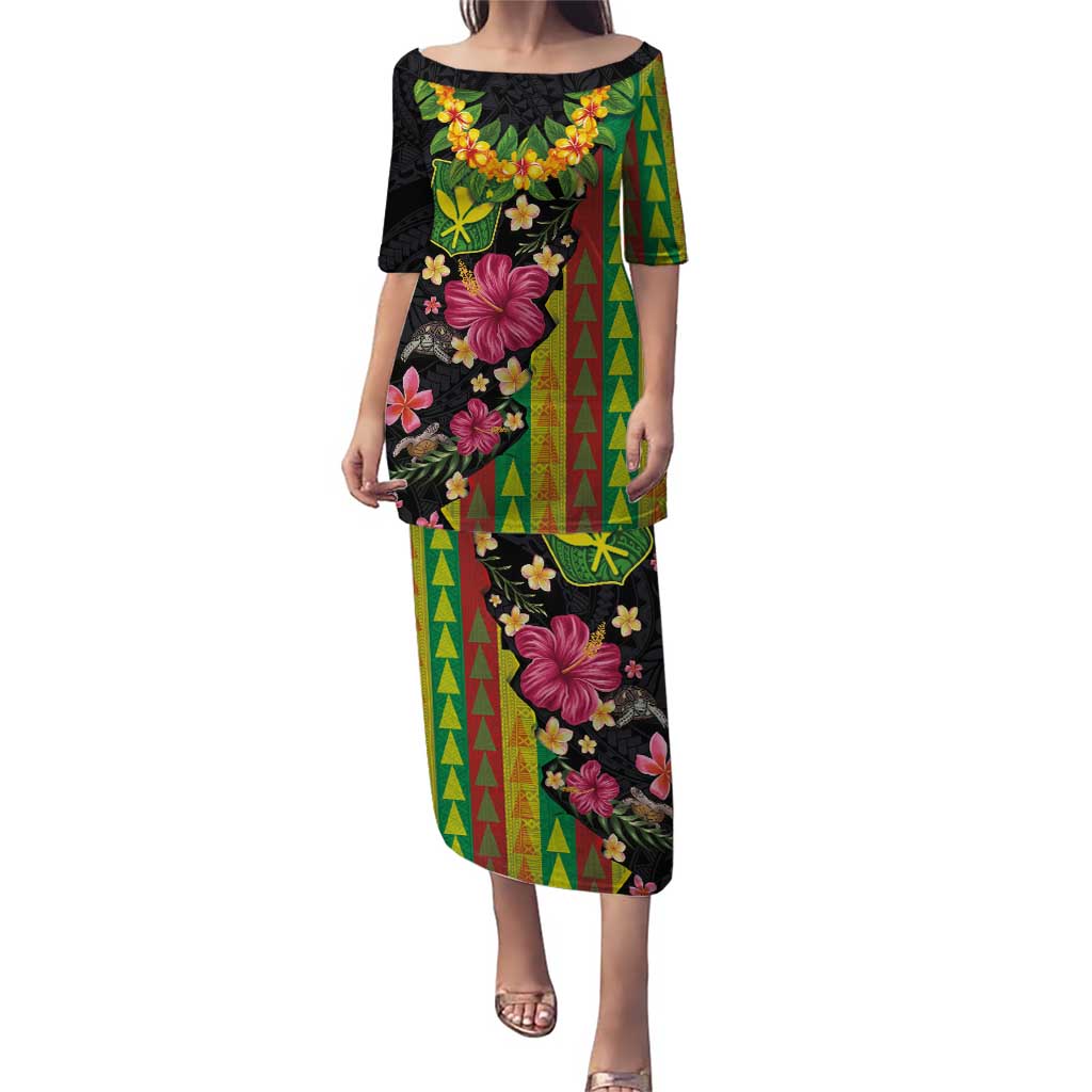 Hawaiian Independence Day Puletasi Kanaka Maoli Symbols With Tapa Motifs and Tropical Plants LT03 Long Dress Black - Polynesian Pride