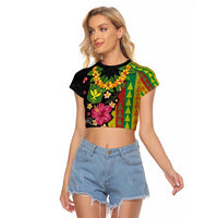 Hawaiian Independence Day Raglan Cropped T Shirt Kanaka Maoli Symbols With Tapa Motifs and Tropical Plants LT03 Female Black - Polynesian Pride