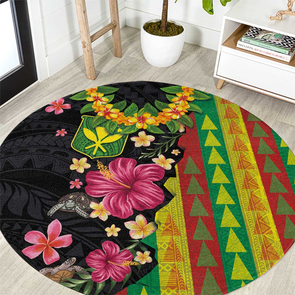 Hawaiian Independence Day Round Carpet Kanaka Maoli Symbols With Tapa Motifs and Tropical Plants LT03 Black - Polynesian Pride