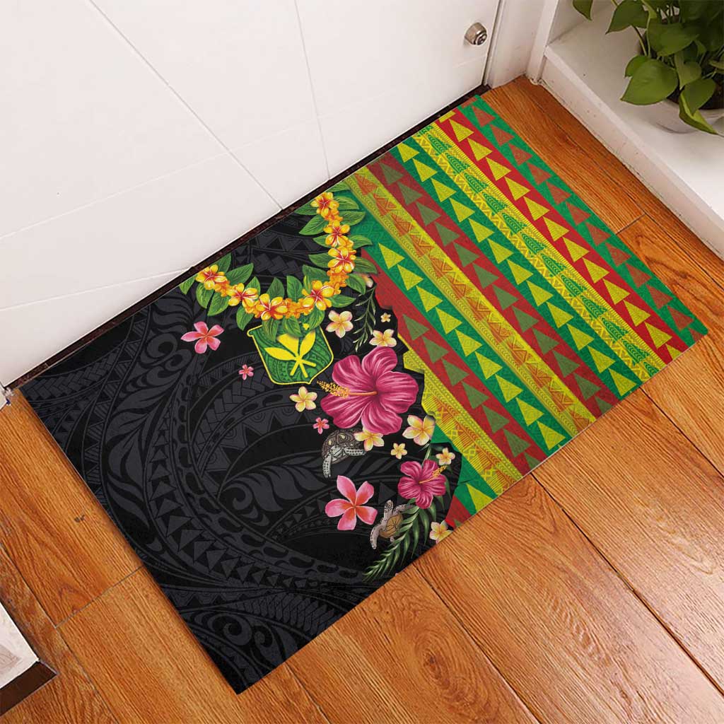 Hawaiian Independence Day Rubber Doormat Kanaka Maoli Symbols With Tapa Motifs and Tropical Plants LT03 - Polynesian Pride