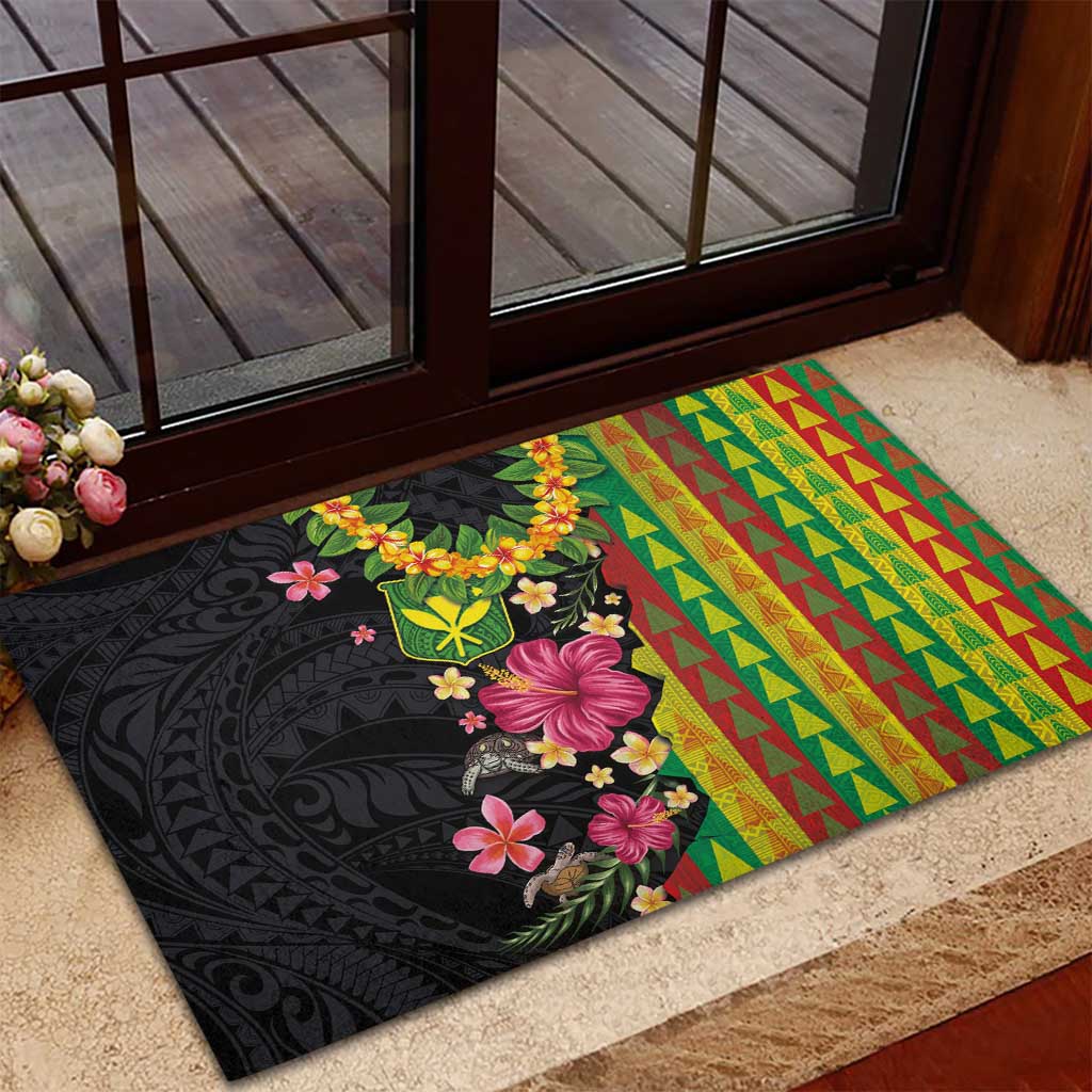 Hawaiian Independence Day Rubber Doormat Kanaka Maoli Symbols With Tapa Motifs and Tropical Plants LT03 - Polynesian Pride