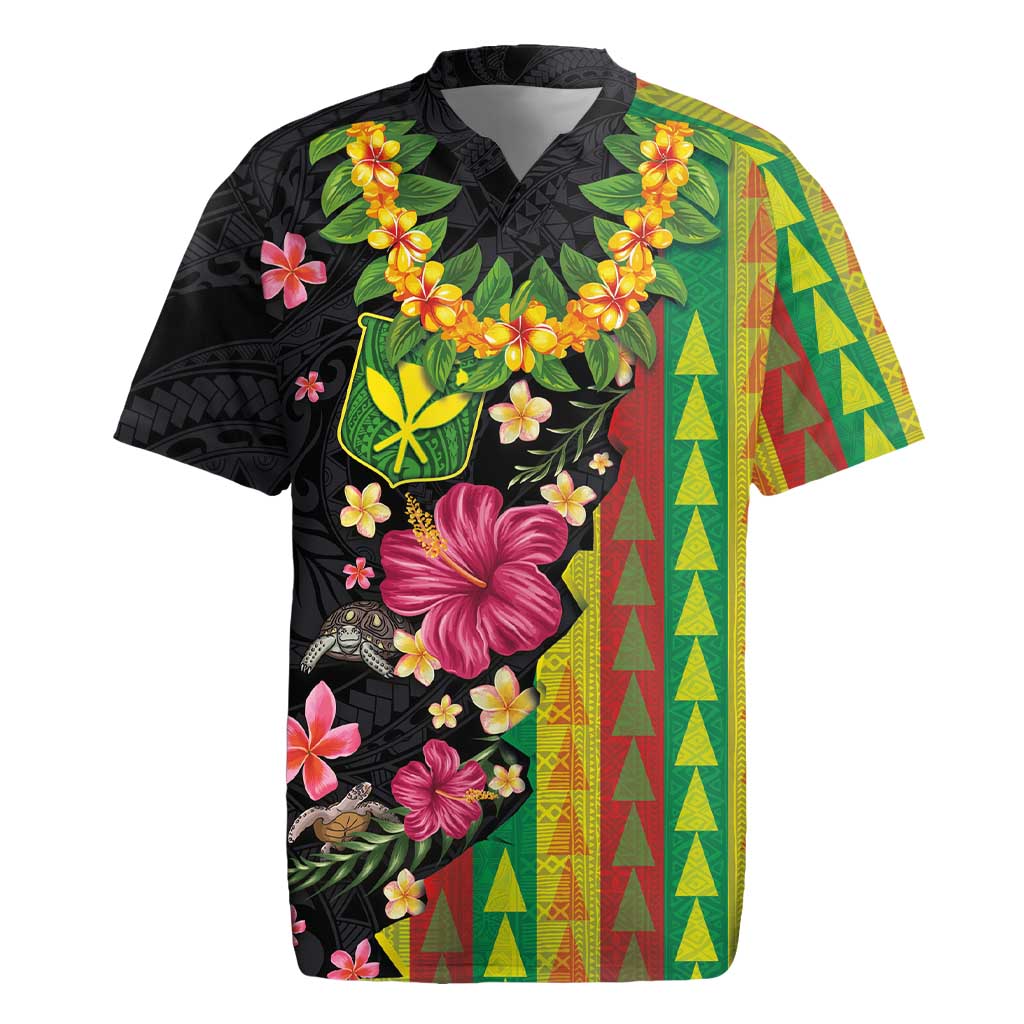 Hawaiian Independence Day Rugby Jersey Kanaka Maoli Symbols With Tapa Motifs and Tropical Plants LT03 Black - Polynesian Pride