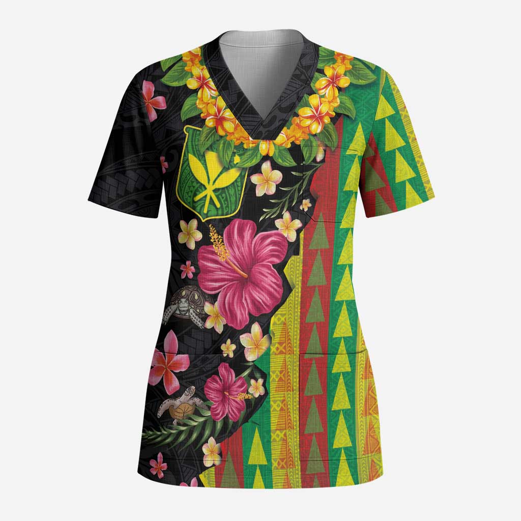 Hawaiian Independence Day Scrub Top Kanaka Maoli Symbols With Tapa Motifs and Tropical Plants LT03 Adult Black - Polynesian Pride