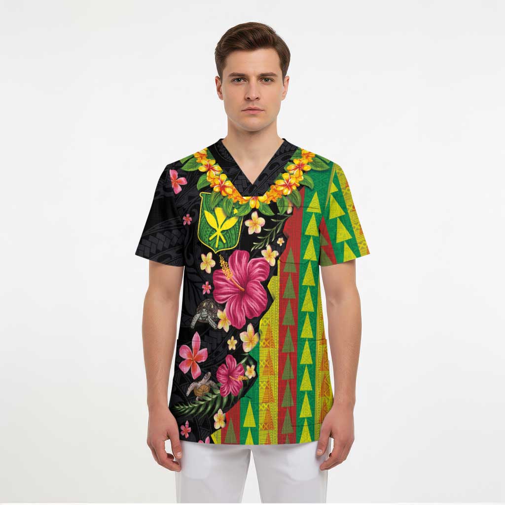 Hawaiian Independence Day Scrub Top Kanaka Maoli Symbols With Tapa Motifs and Tropical Plants LT03 - Polynesian Pride