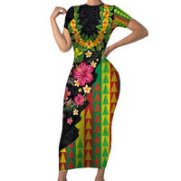 Hawaiian Independence Day Short Sleeve Bodycon Dress Kanaka Maoli Symbols With Tapa Motifs and Tropical Plants LT03 Long Dress Black - Polynesian Pride