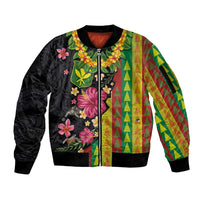 Hawaiian Independence Day Sleeve Zip Bomber Jacket Kanaka Maoli Symbols With Tapa Motifs and Tropical Plants LT03 Unisex Black - Polynesian Pride