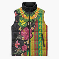 Hawaiian Independence Day Sleeveless Puffer Jacket Kanaka Maoli Symbols With Tapa Motifs and Tropical Plants LT03 Unisex Black - Polynesian Pride