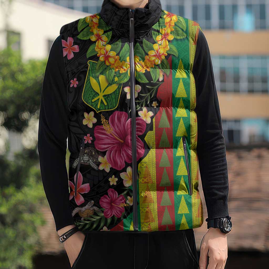 Hawaiian Independence Day Sleeveless Puffer Jacket Kanaka Maoli Symbols With Tapa Motifs and Tropical Plants LT03 - Polynesian Pride