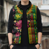 Hawaiian Independence Day Sleeveless Puffer Jacket Kanaka Maoli Symbols With Tapa Motifs and Tropical Plants LT03 - Polynesian Pride