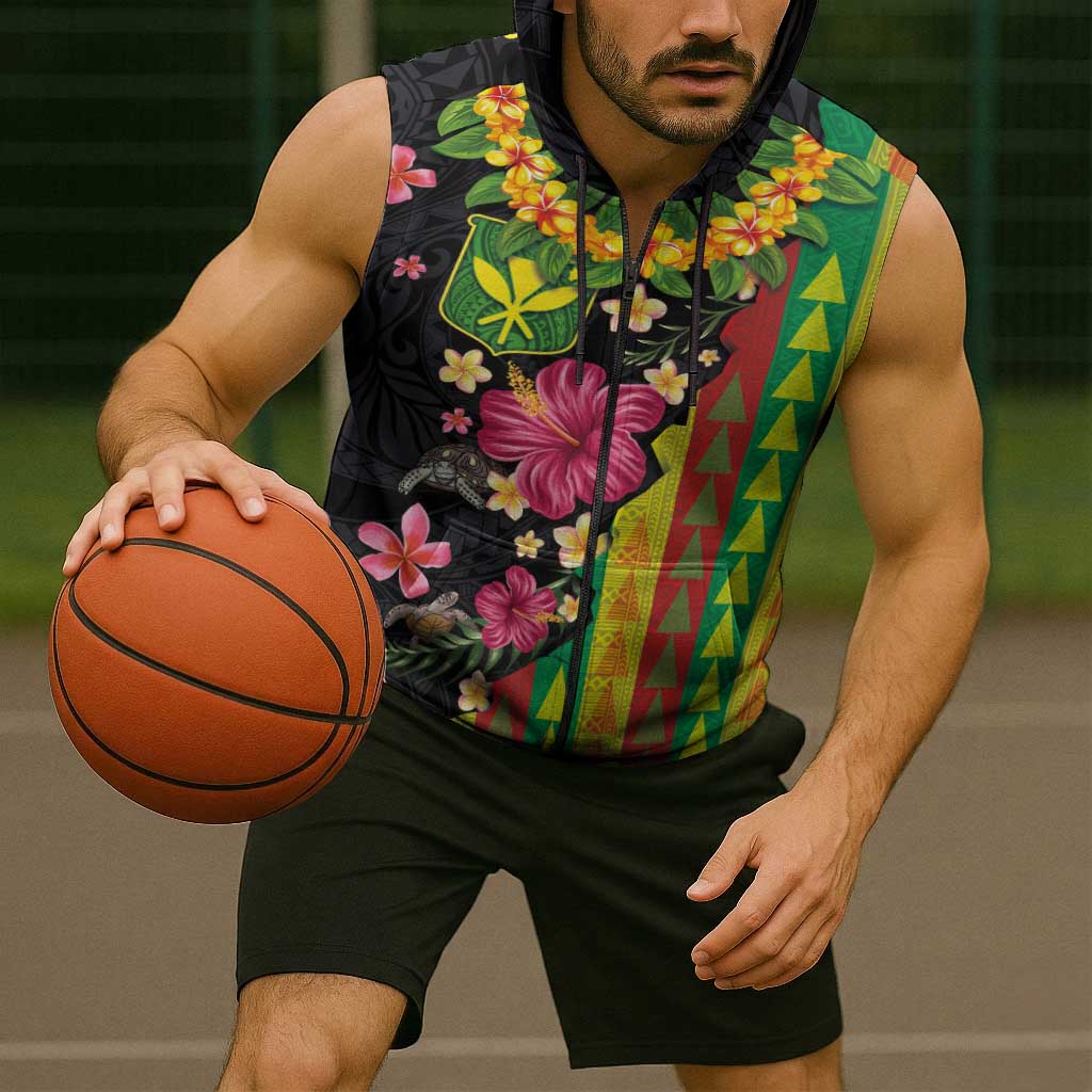 Hawaiian Independence Day Sleeveless Zip Hoodie Kanaka Maoli Symbols With Tapa Motifs and Tropical Plants LT03 - Polynesian Pride