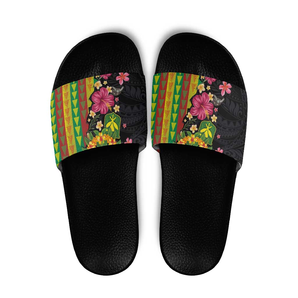 Hawaiian Independence Day Slide Sandals Kanaka Maoli Symbols With Tapa Motifs and Tropical Plants LT03 Black - Polynesian Pride