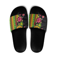 Hawaiian Independence Day Slide Sandals Kanaka Maoli Symbols With Tapa Motifs and Tropical Plants LT03 Black - Polynesian Pride