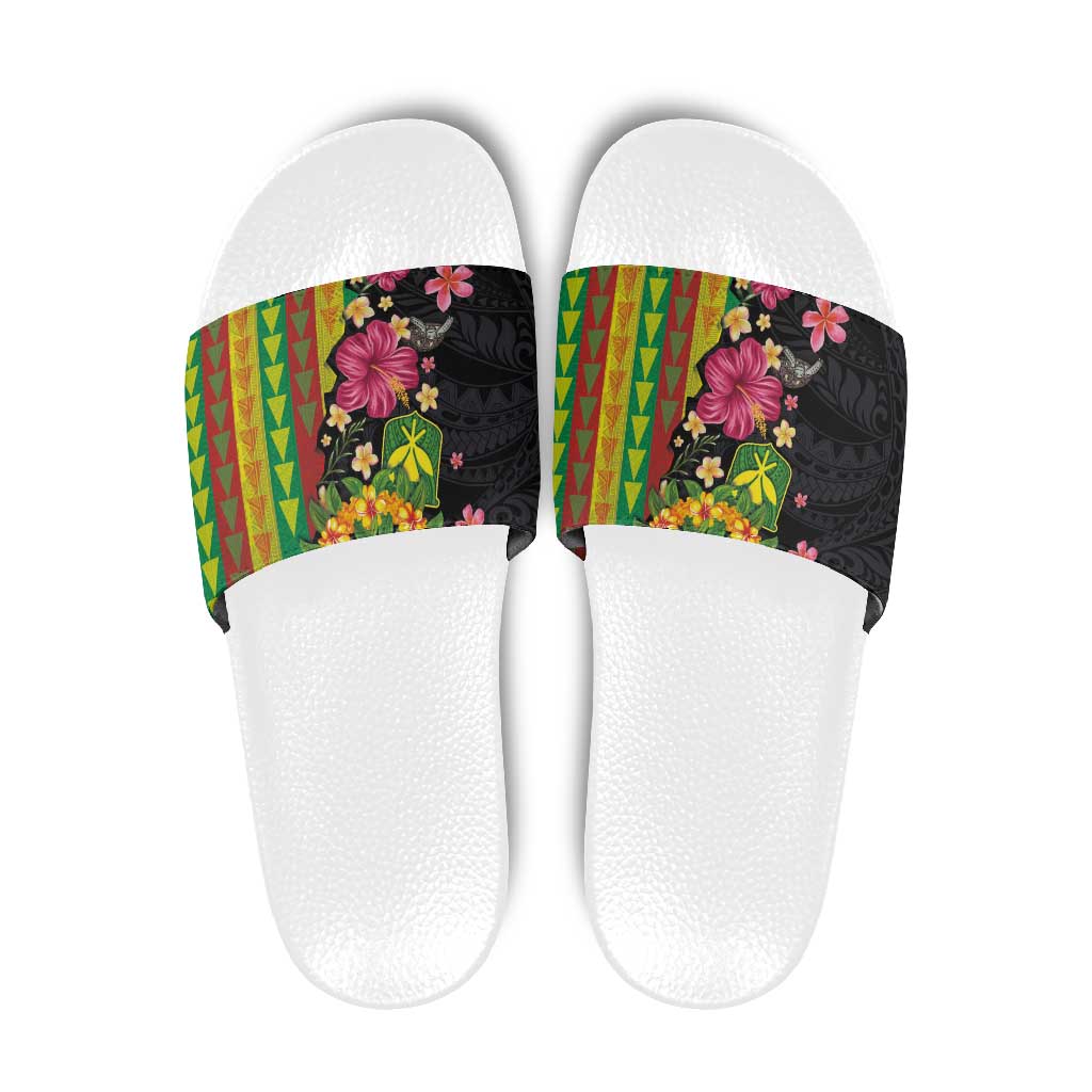 Hawaiian Independence Day Slide Sandals Kanaka Maoli Symbols With Tapa Motifs and Tropical Plants LT03 Black - Polynesian Pride