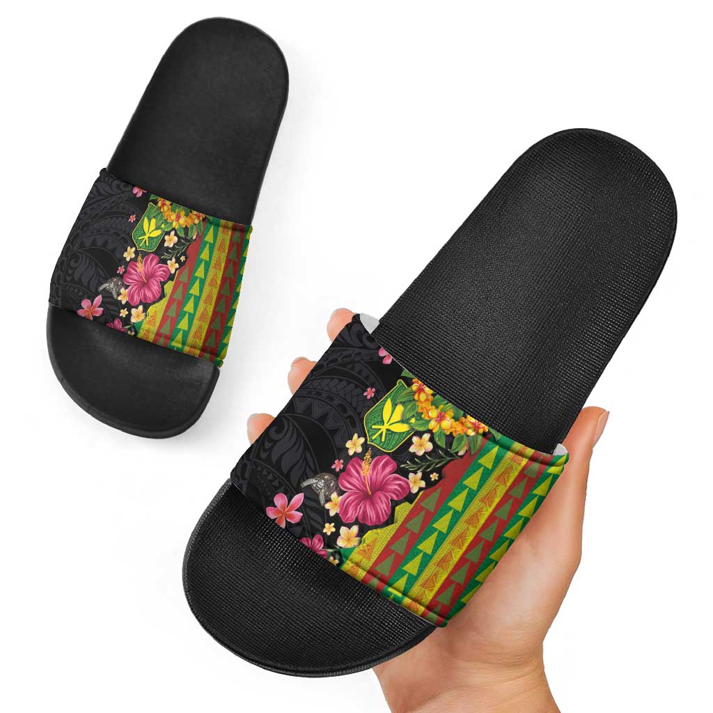 Hawaiian Independence Day Slide Sandals Kanaka Maoli Symbols With Tapa Motifs and Tropical Plants LT03 - Polynesian Pride