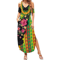 Hawaiian Independence Day Summer Maxi Dress Kanaka Maoli Symbols With Tapa Motifs and Tropical Plants LT03 Women Black - Polynesian Pride
