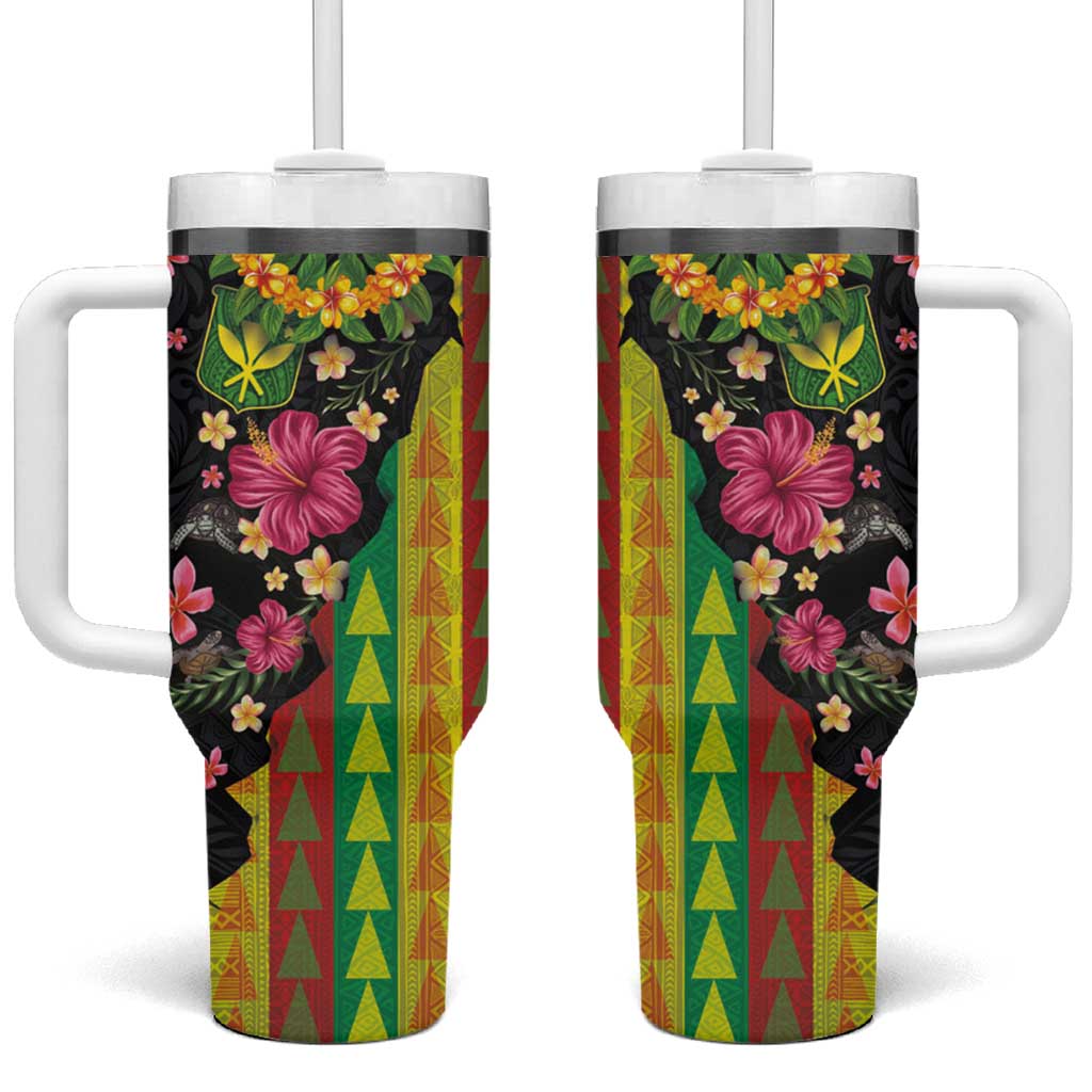 Hawaiian Independence Day Tumbler With Handle Kanaka Maoli Symbols With Tapa Motifs and Tropical Plants LT03 One Size: 40 oz Black - Polynesian Pride